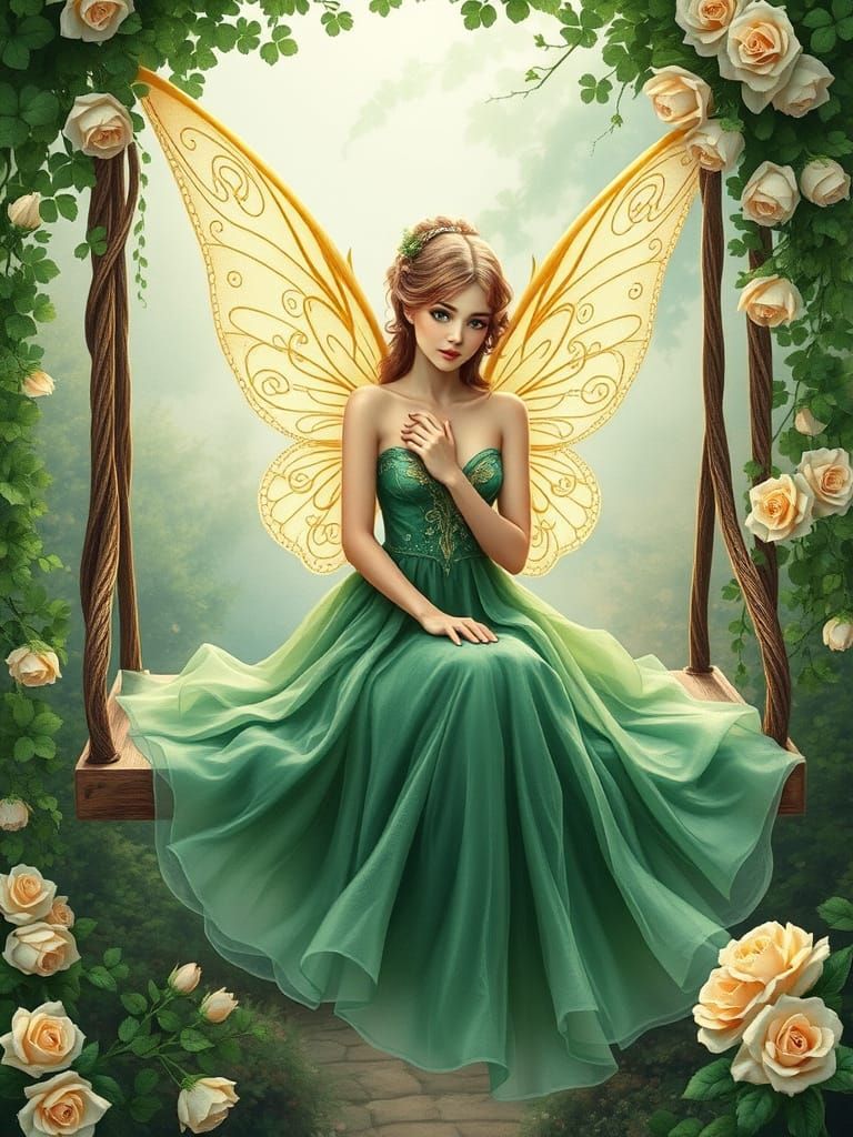 Vintage Irish Fairy in Whimsical Garden Swing