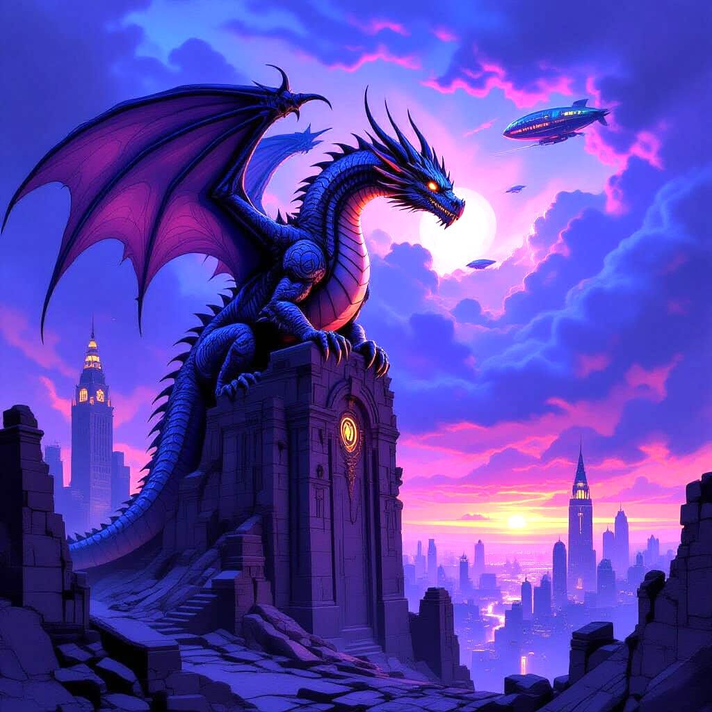 Ancient Dragon Over Art Deco Ruins in Stormy Sky