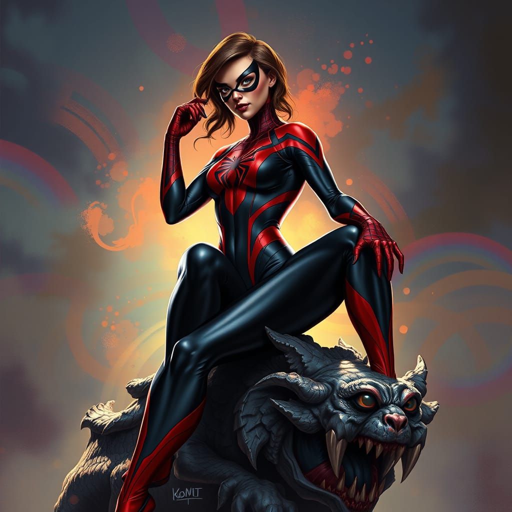 Spider Woman on Gargoyle Statue: Hyperrealistic Splash Art