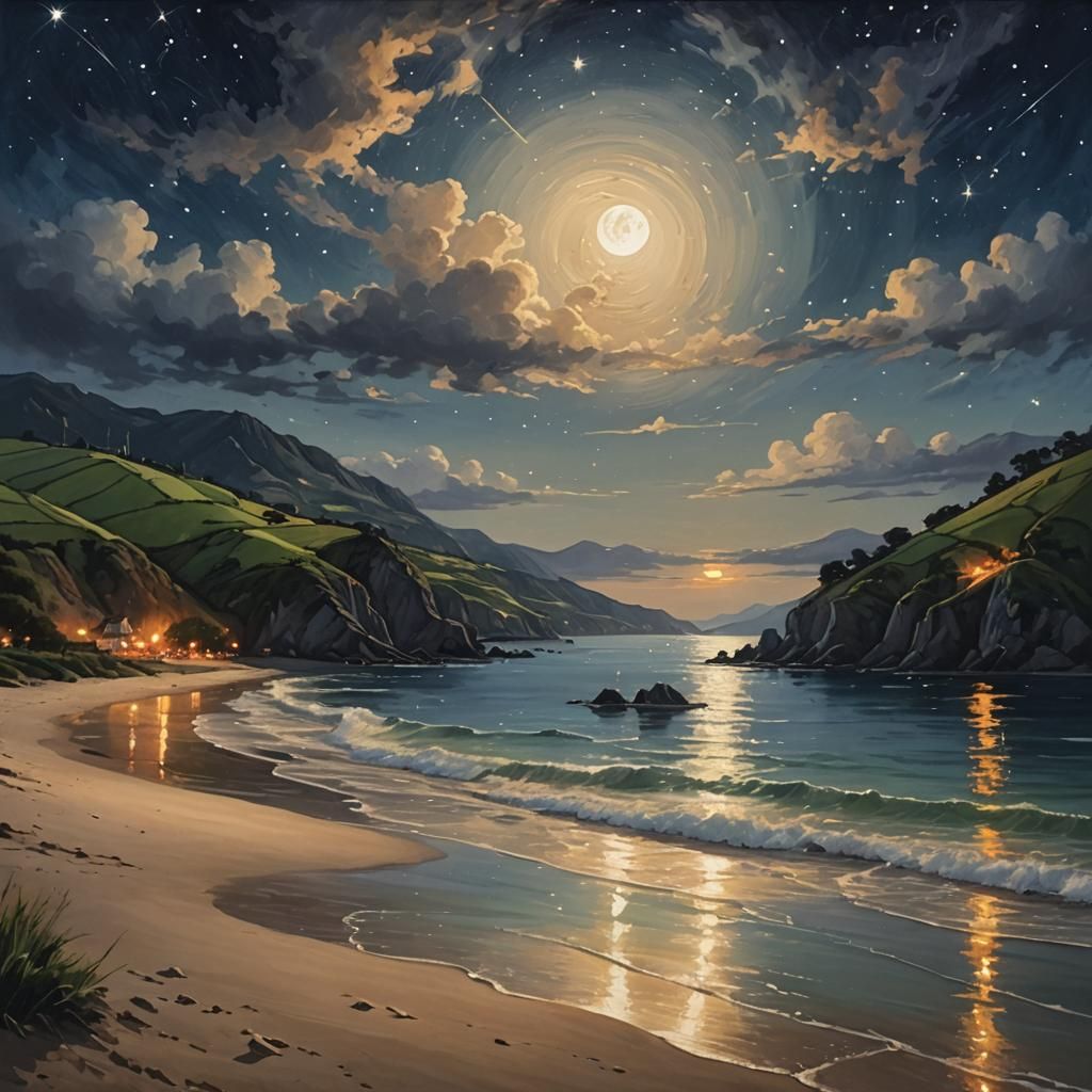 Enchanting Summer Night Beach Scene with Foaming Waves