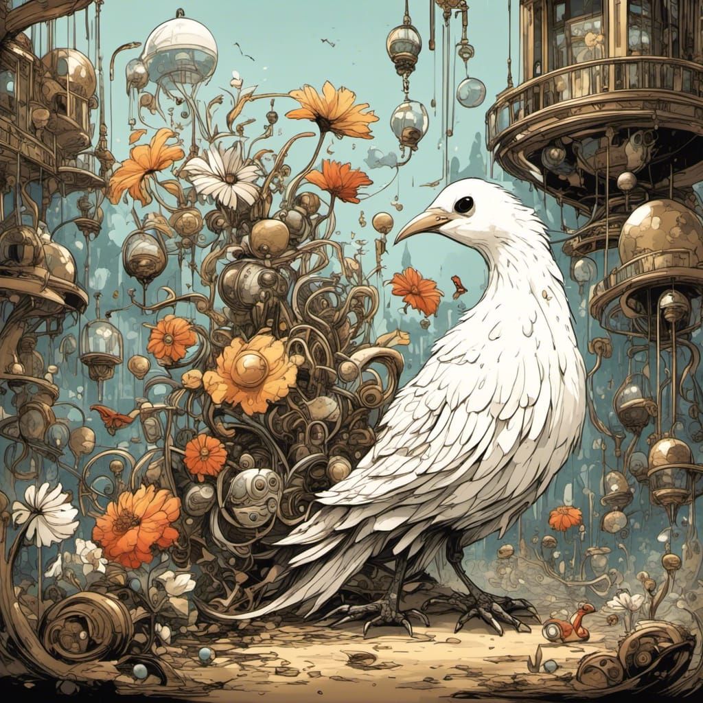 Carnivorous Flowers Guarded by Bird: Storybook Illustration