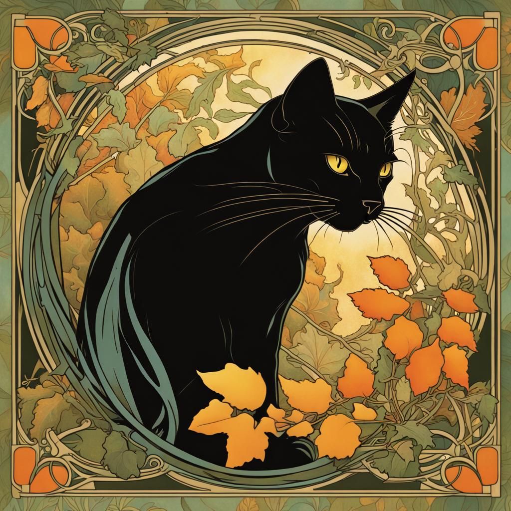 Art Nouveau Black Cat Poster in Mucha Style