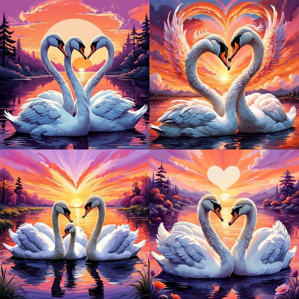 Swans Form a Heart in Sunset Cartoon