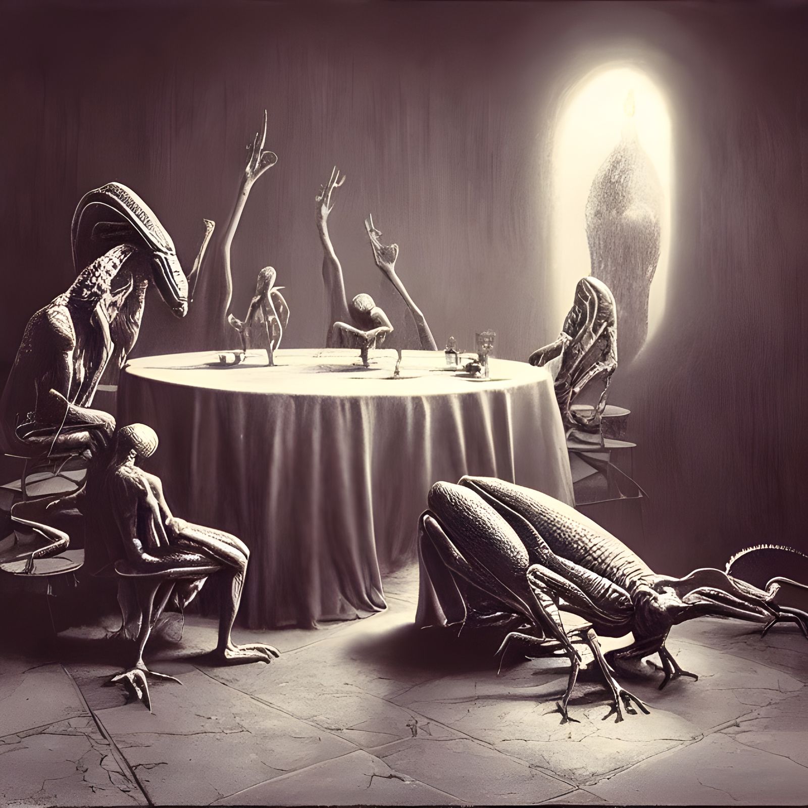 Surreal Negotiation Between Animals in Dark Fantasy Style