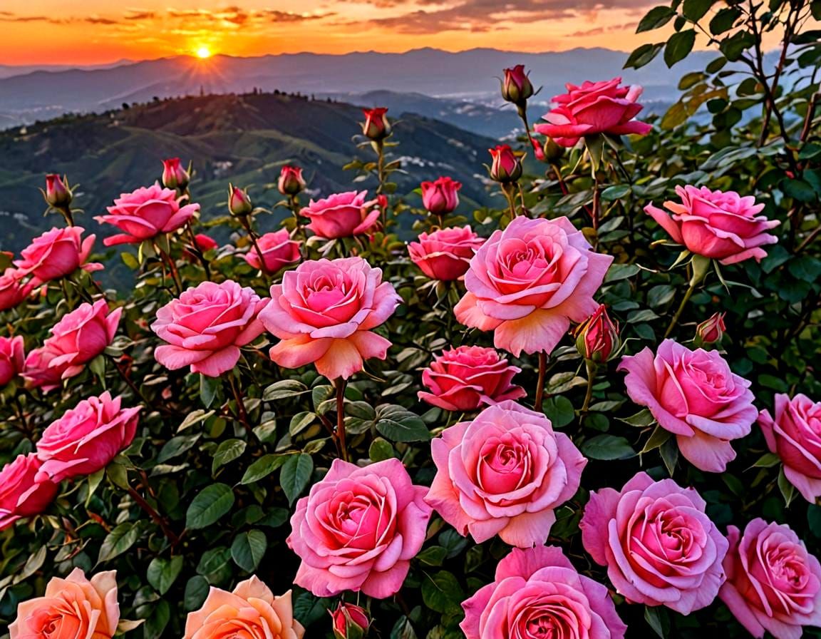 Crimson Roses at Sunset Landscape