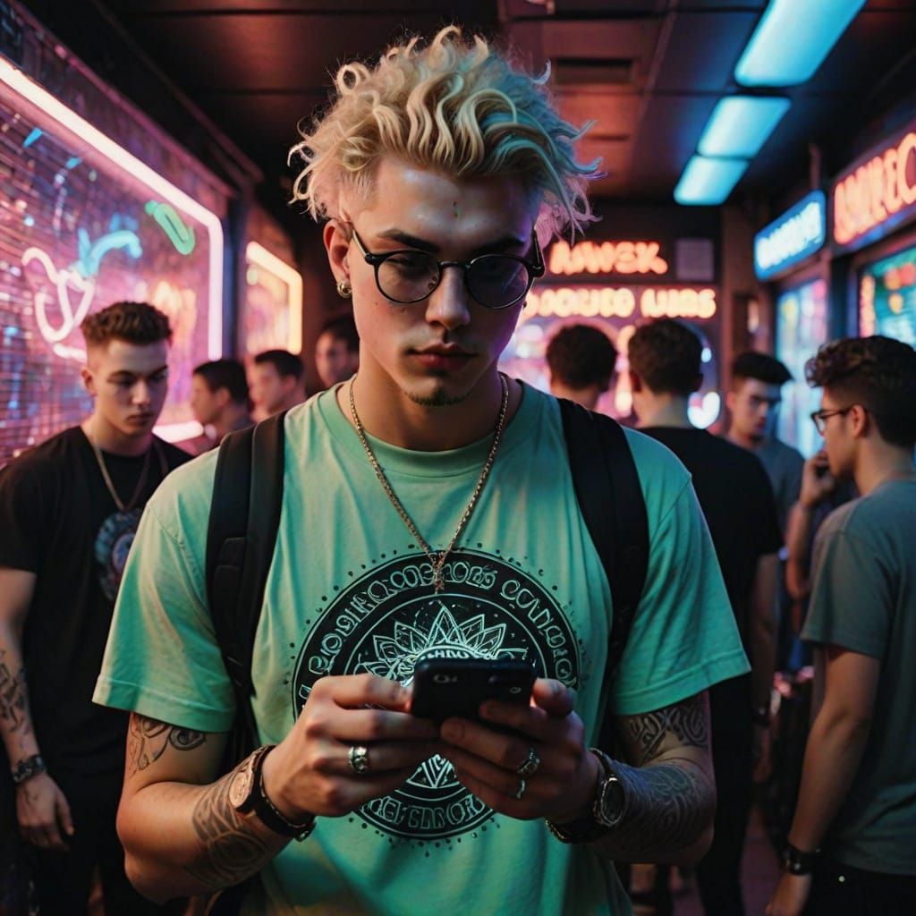Grunge Aesthetic Disco Scene with Neon Lights and Tribal Tat...