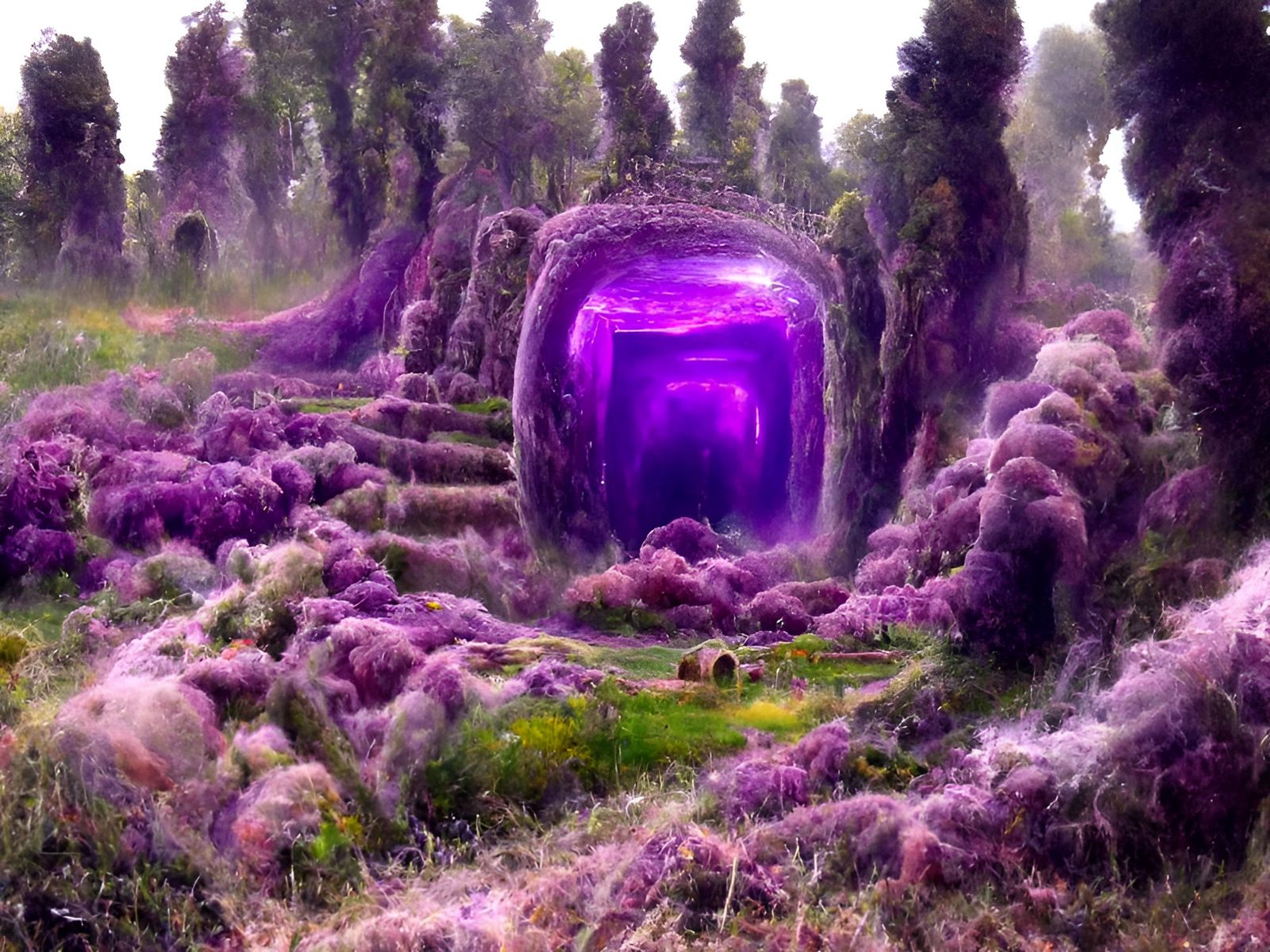 Glowing Purple Dungeon Entrance in Lavender Field