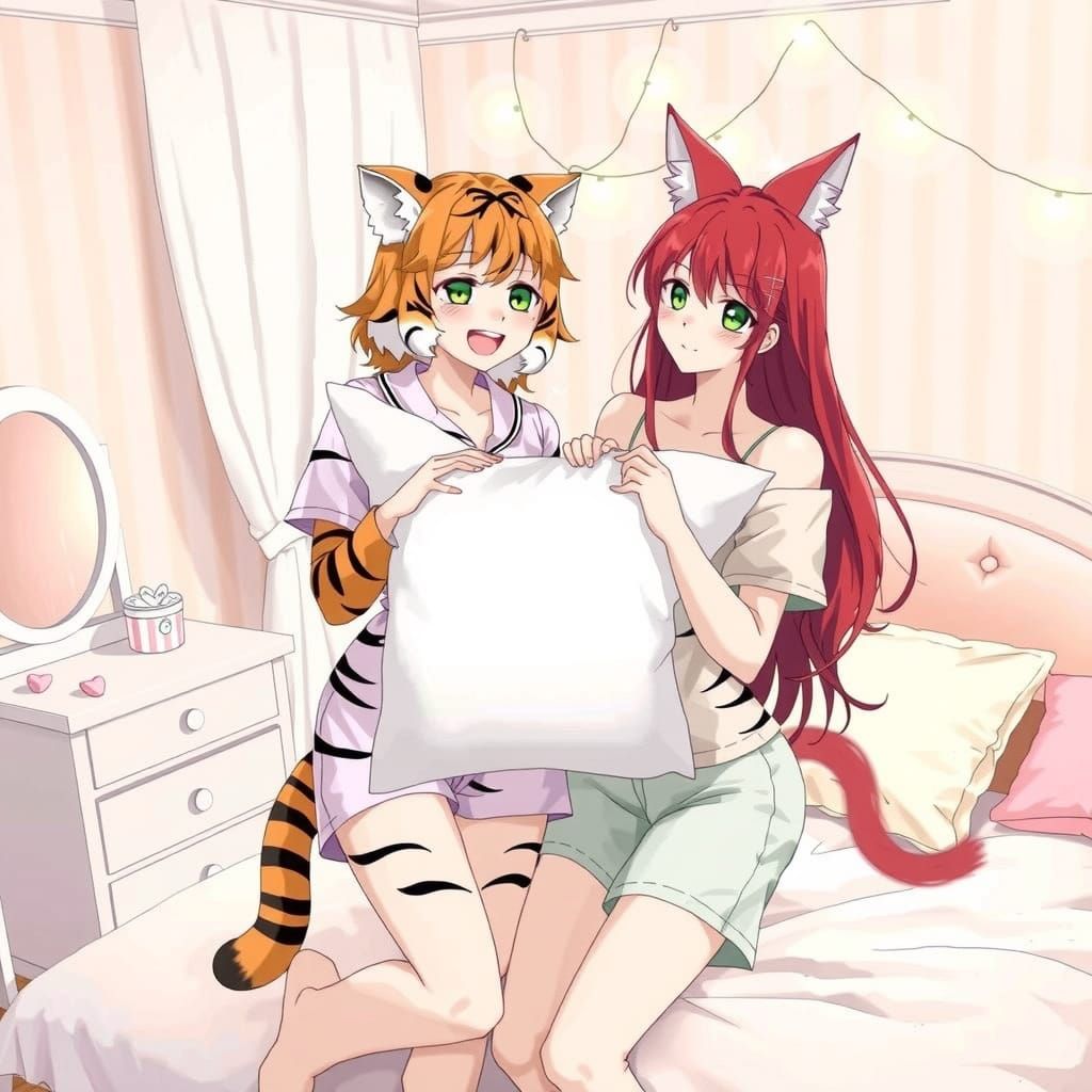 Adorable Women Enjoy Whimsical Pillow Fight Sleepover in Pas...