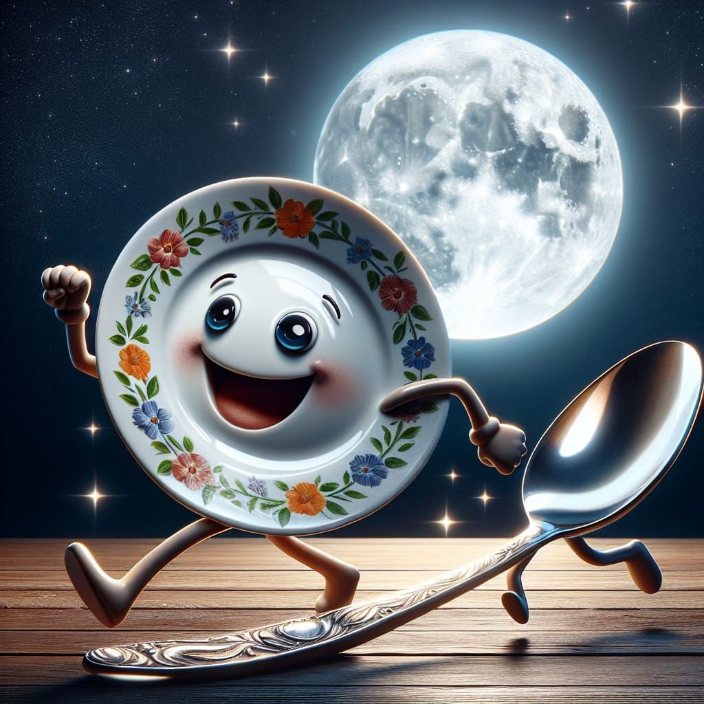 Animated Dish and Spoon Eloping Under Moonlight