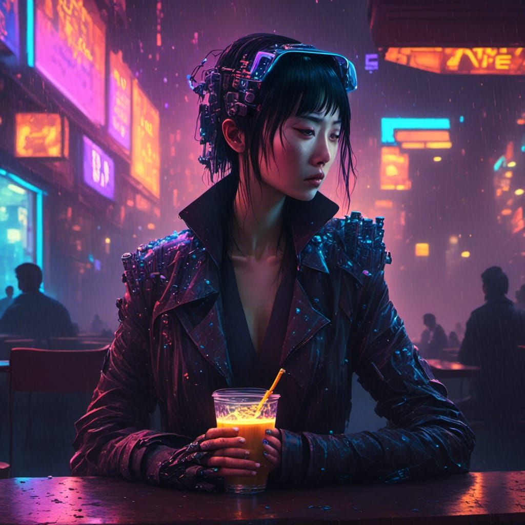 Cyberpunk Android Enjoying Coffee in Neon City