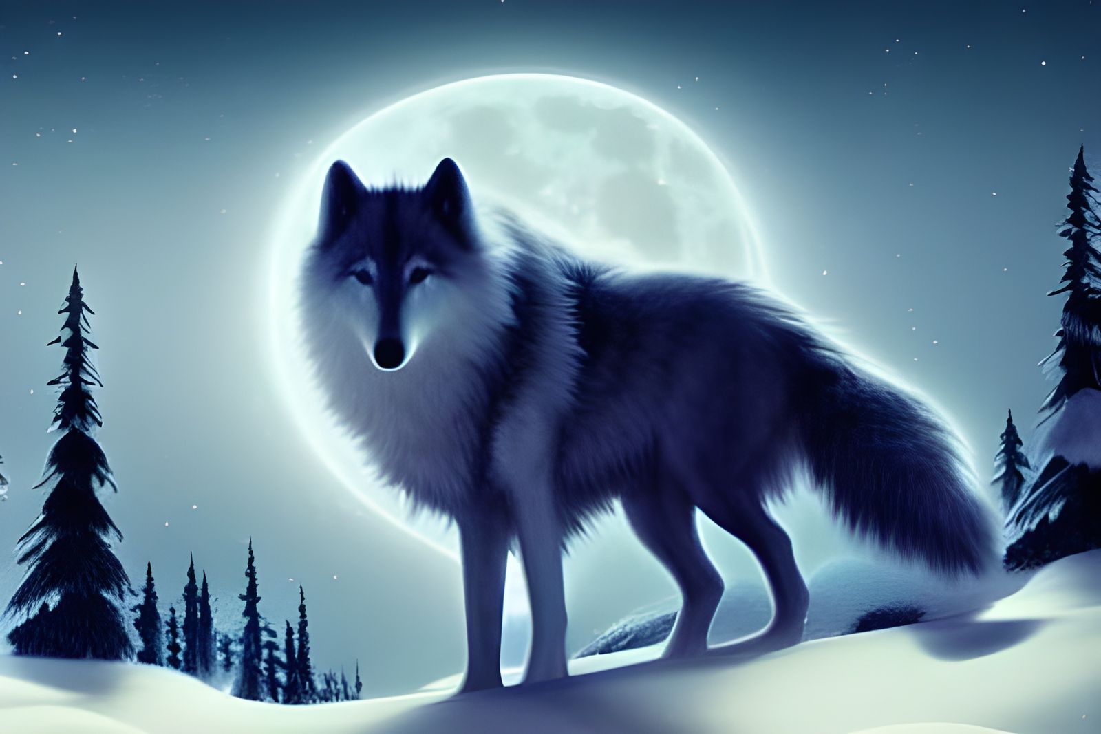 Majestic White Wolf Under Aurora Moonlit Sky