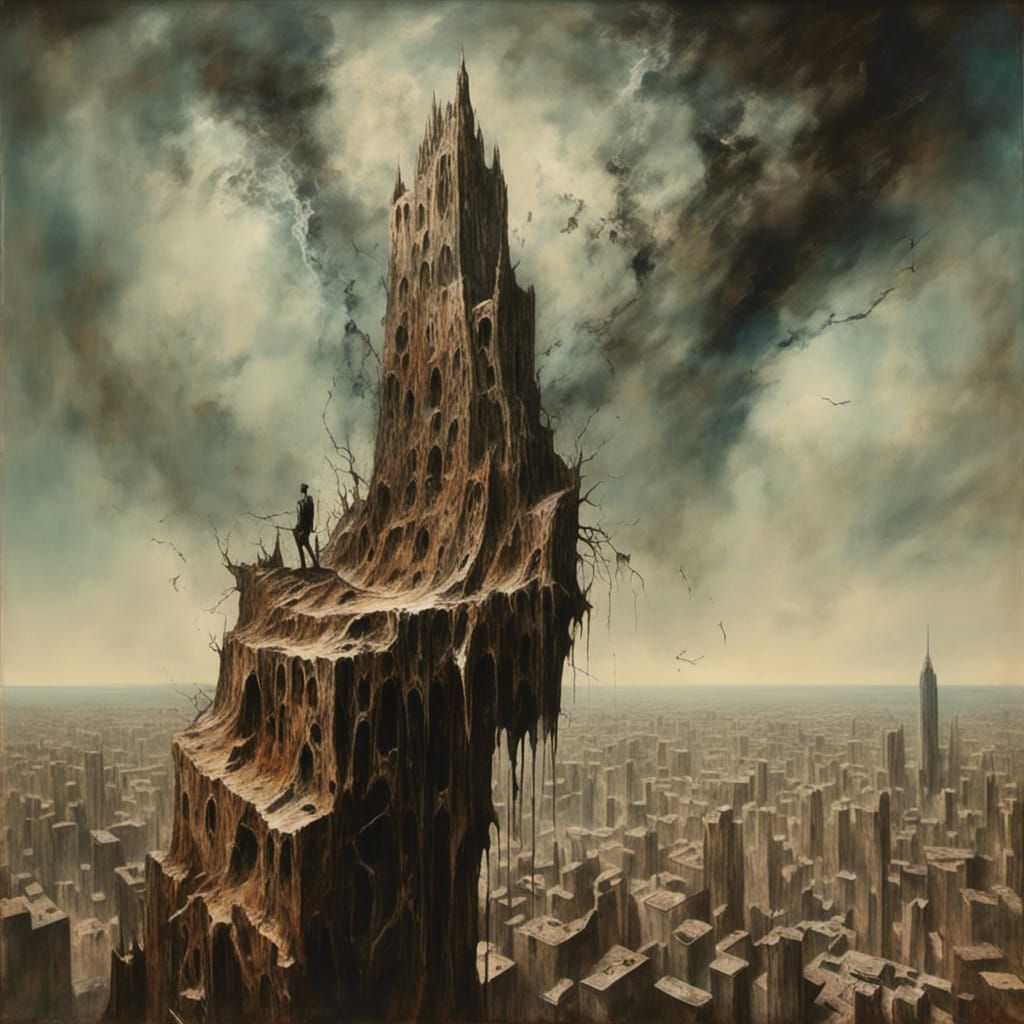 Surreal Macabre Escape: Man on High Building