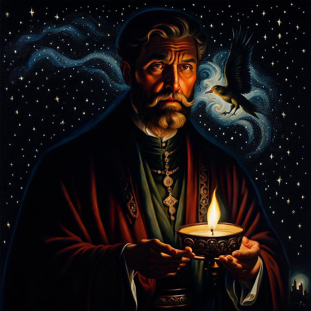 Antique Oil Painting of Light Burning Away Darkness