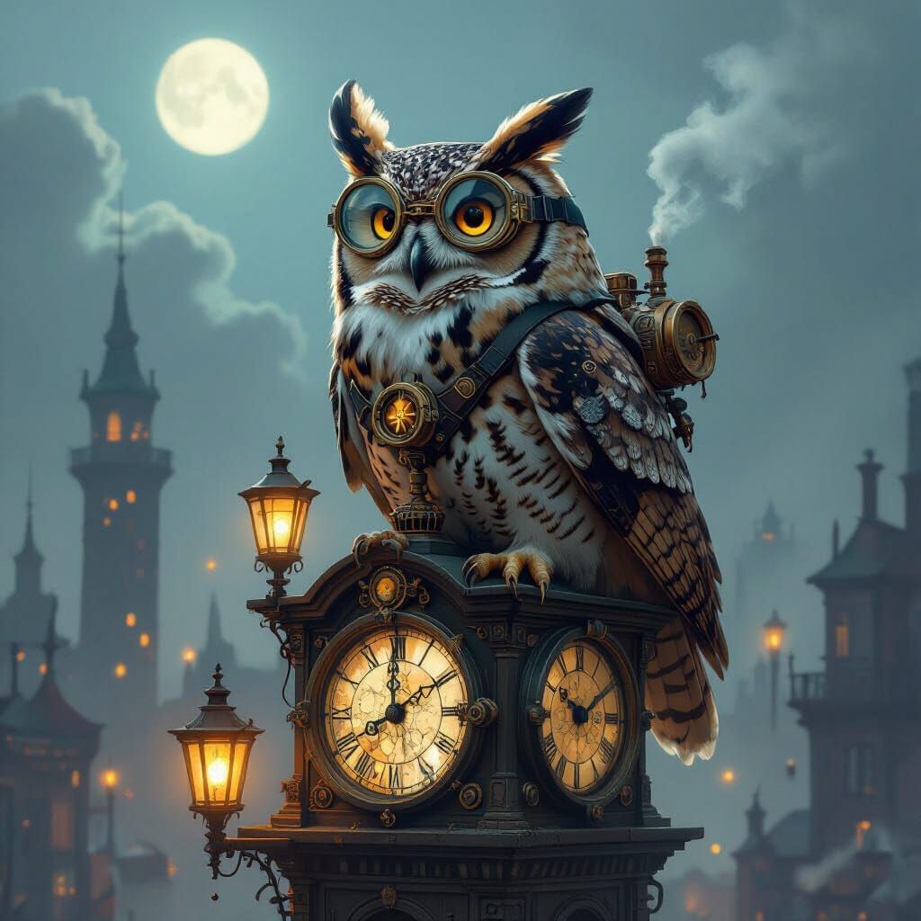 Steampunk Owl on Clock Tower in Retro-Futuristic City