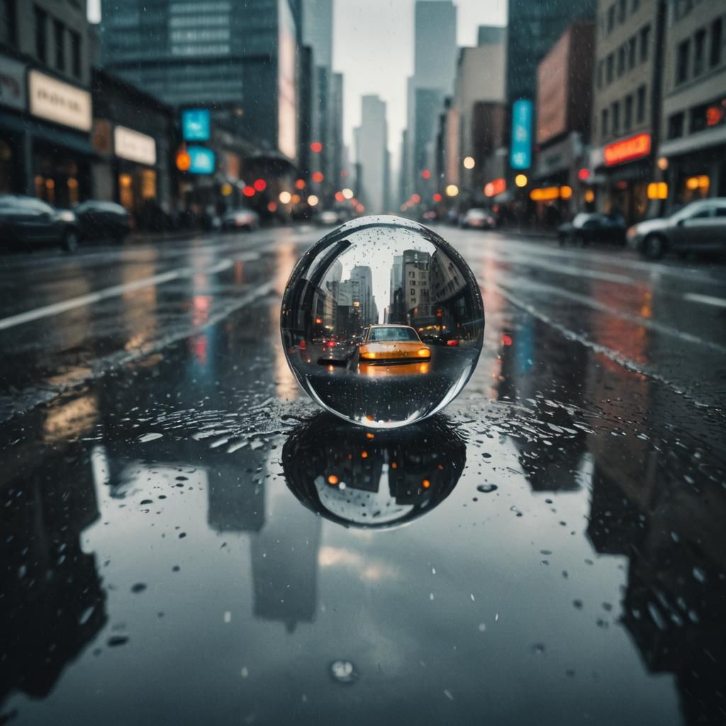 City Reflection in Raindrop: Cinematic Film Still