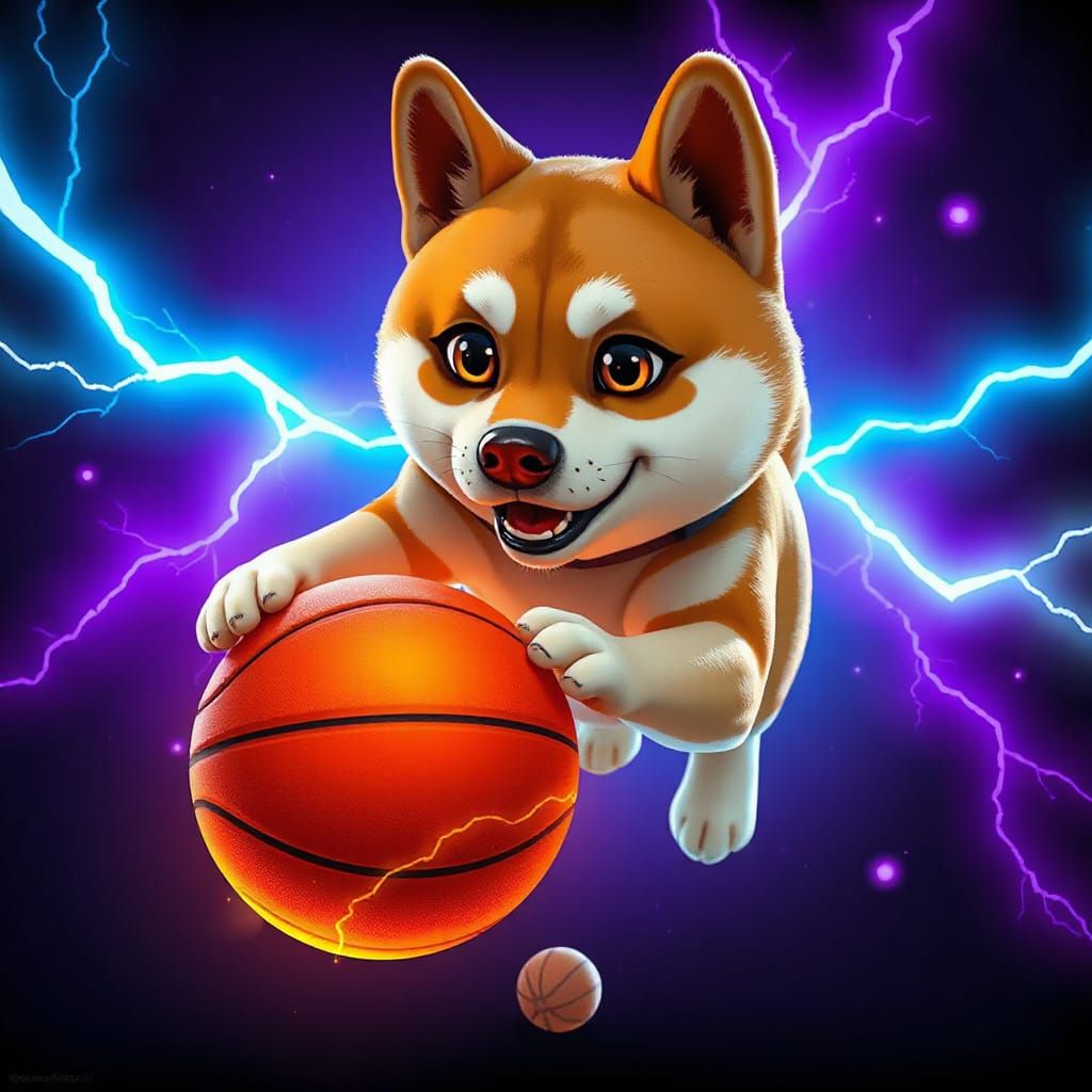 Anime Shiba Inu Dribbles Glowing Basketball with Lightning