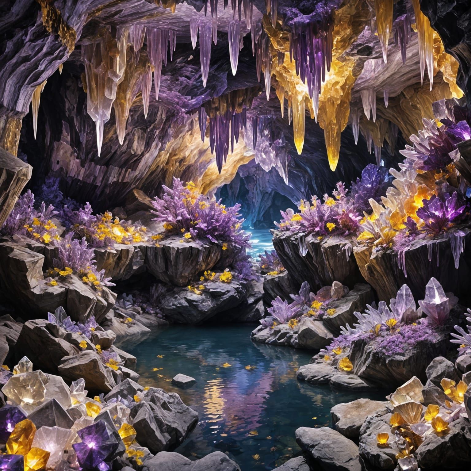 Crystal Cave with Amethyst and Quartz in Detailed Painting