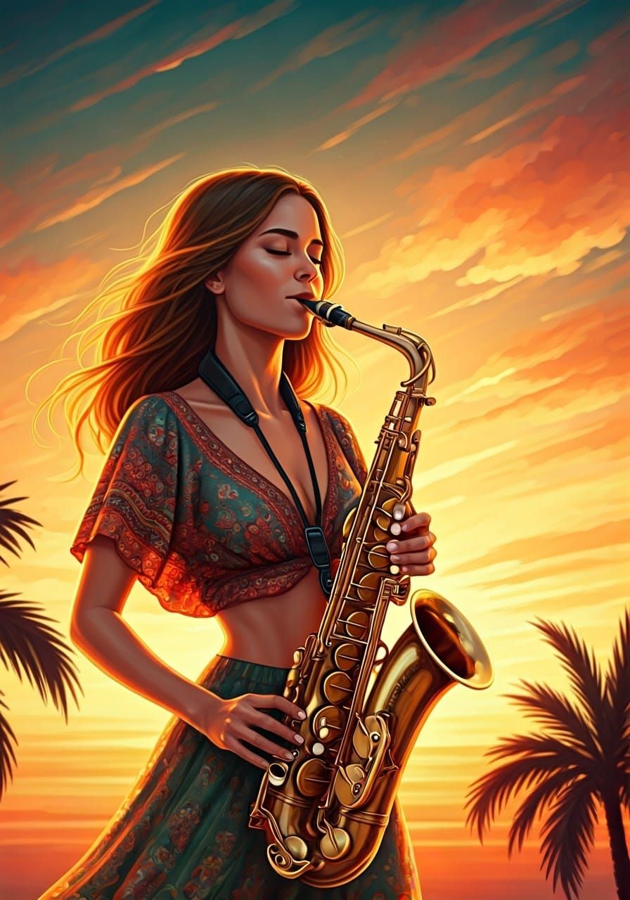 Dreamy Bohemian Saxophonist Under Sunset