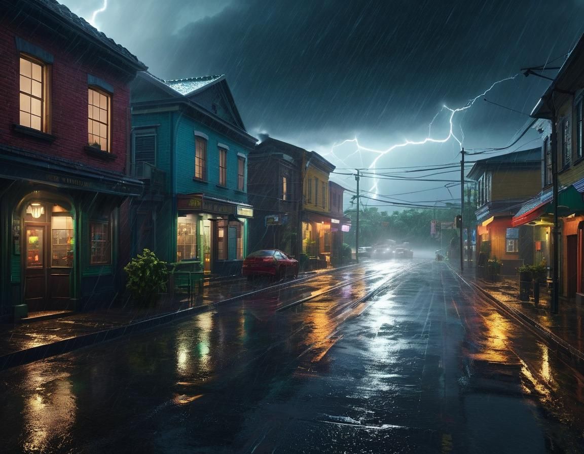 Dramatic Rain and Lightning Over Small Town, Hyperrealistic