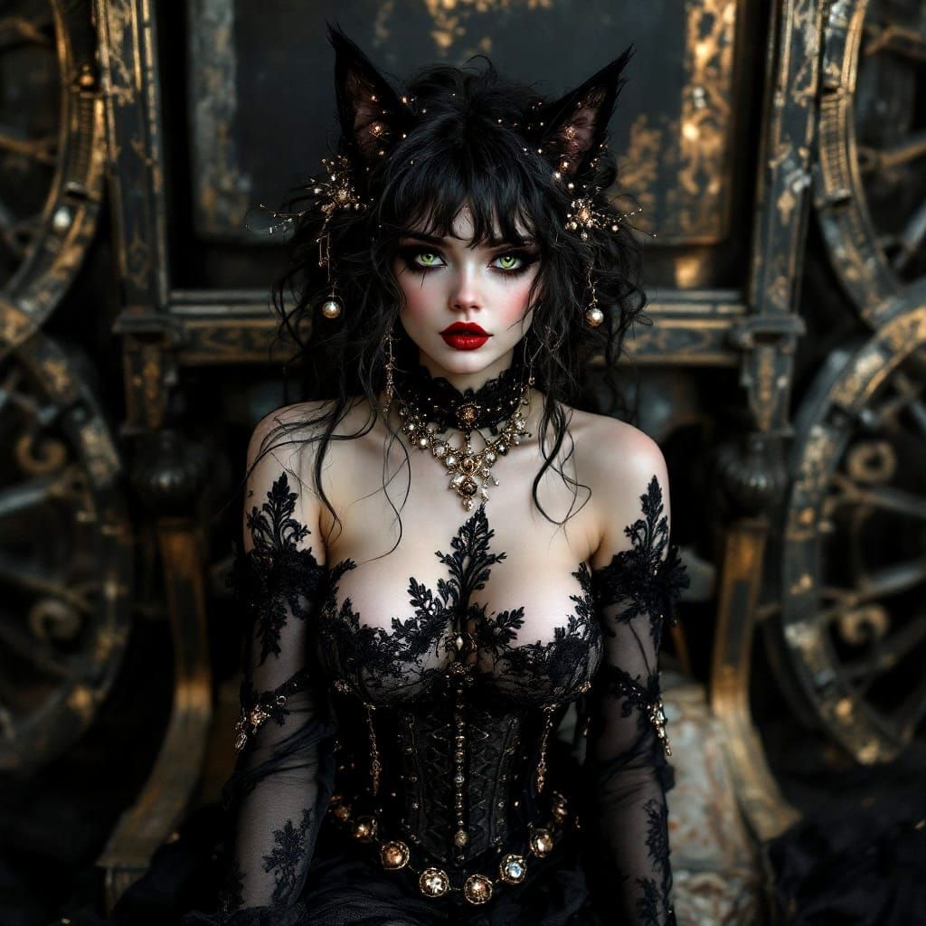 Elegant Gothic Feline Woman in Vibrant Beauty Portrait
