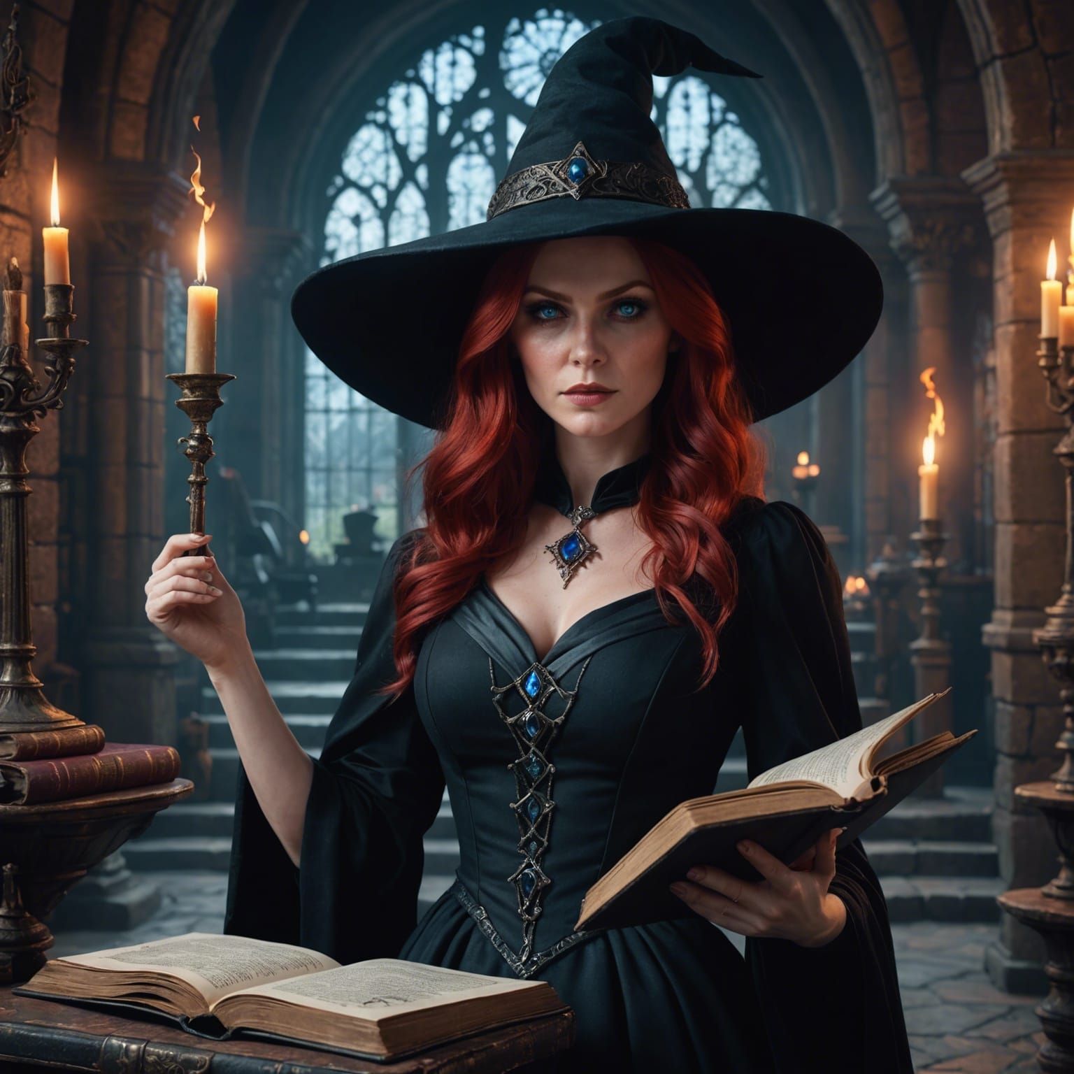Sinister Red-Haired Witch Reading Spellbook: Fantasy Art