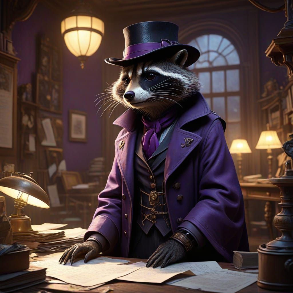 Mysterious Detective Surrounded by Mysterious Raccoons in Da...