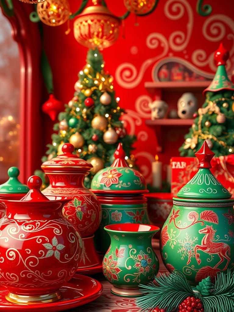 Whimsical Christmas Ceramics in Vibrant Fantasy Scene