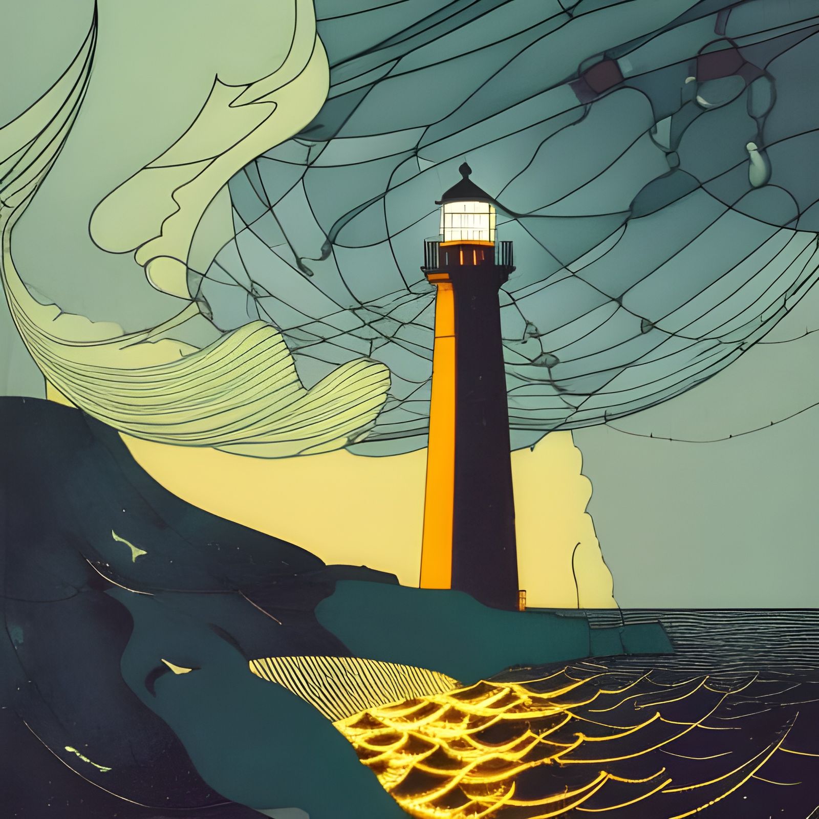 Lighthouse in Stormy Night, Inspired by Stained Glass