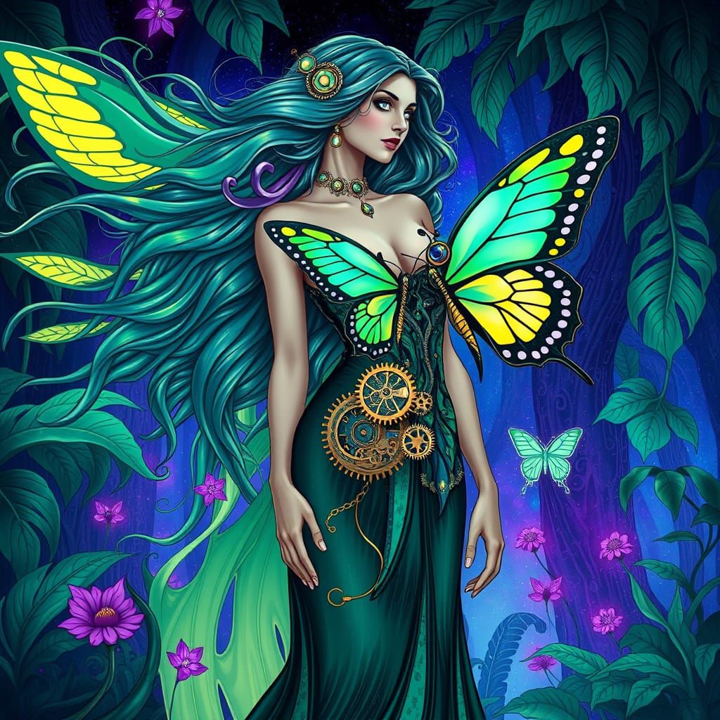 Bioluminescent Woman with Clockwork Butterflies in Art Nouve...