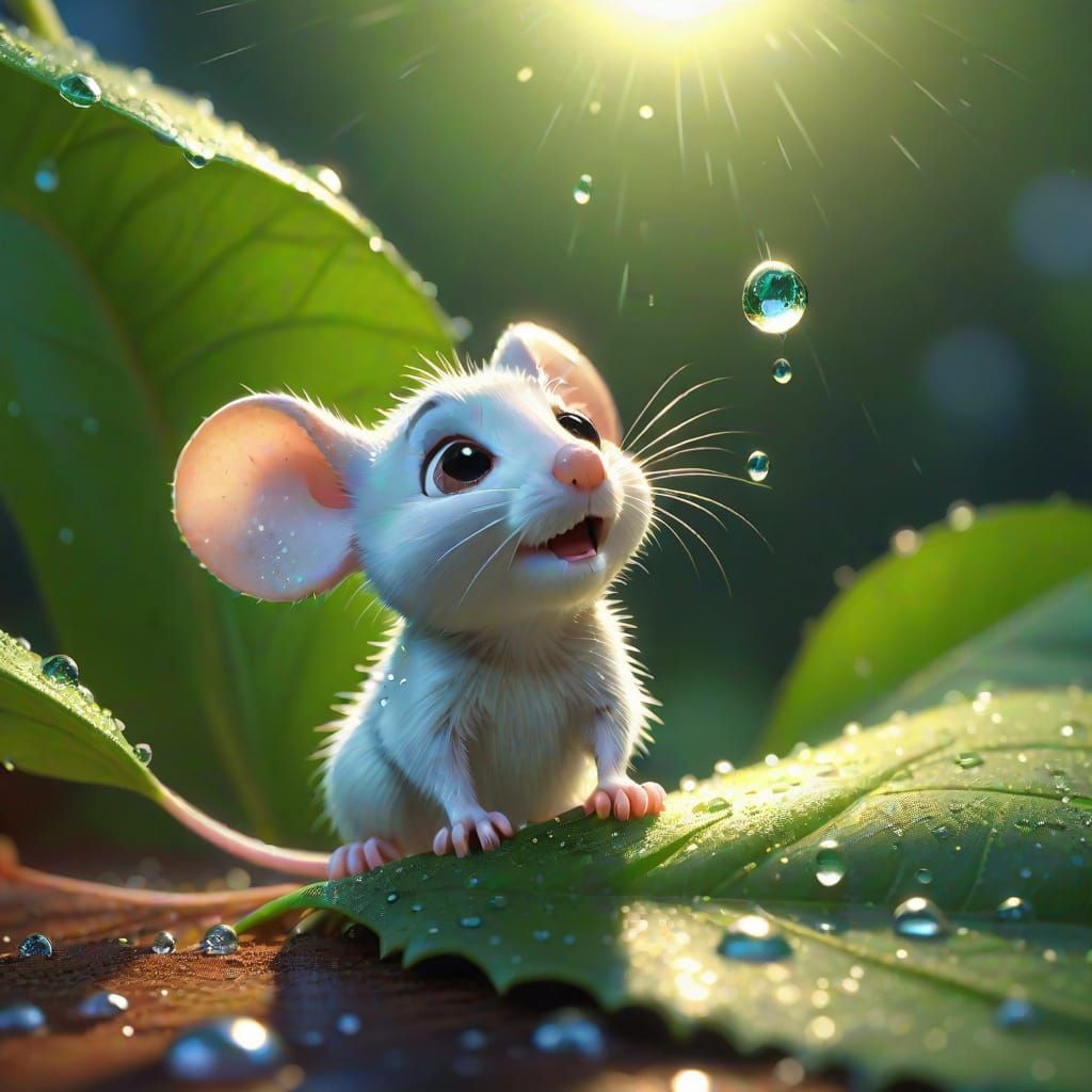 White Mouse Reflection in Dewdrop, Pixar Style