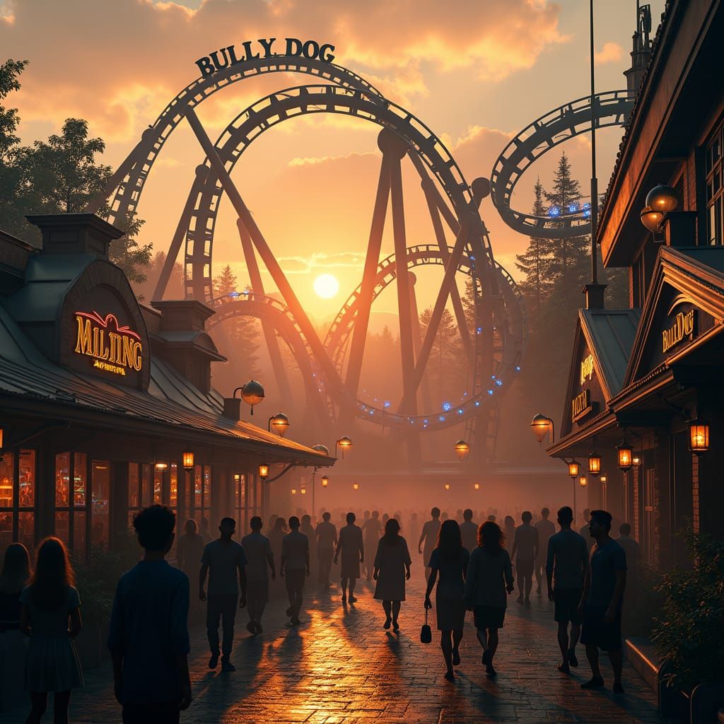 Fantasy Theme Park at Sunset with Bulldog Coaster