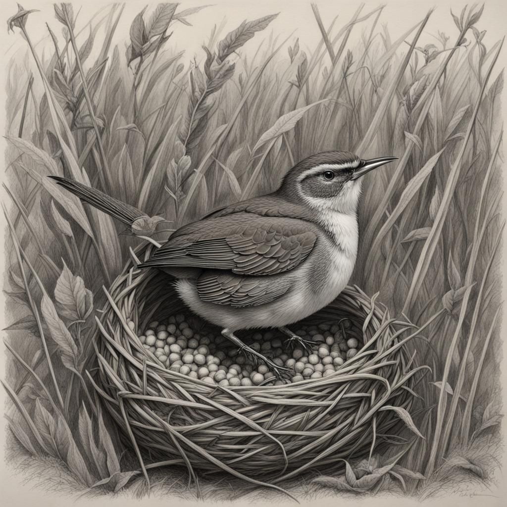 Skylark's Nest: A Hyperdetailed Charcoal Drawing
