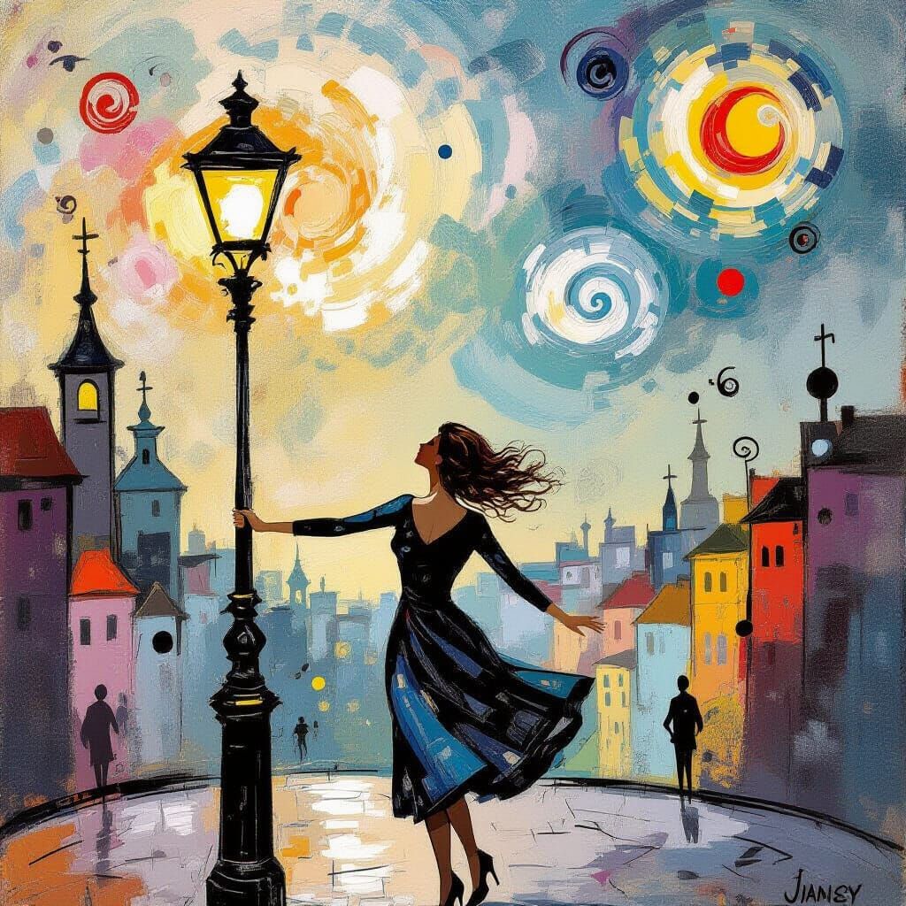 Dreamy Cityscape: Woman Dazed in Surreal Abstract