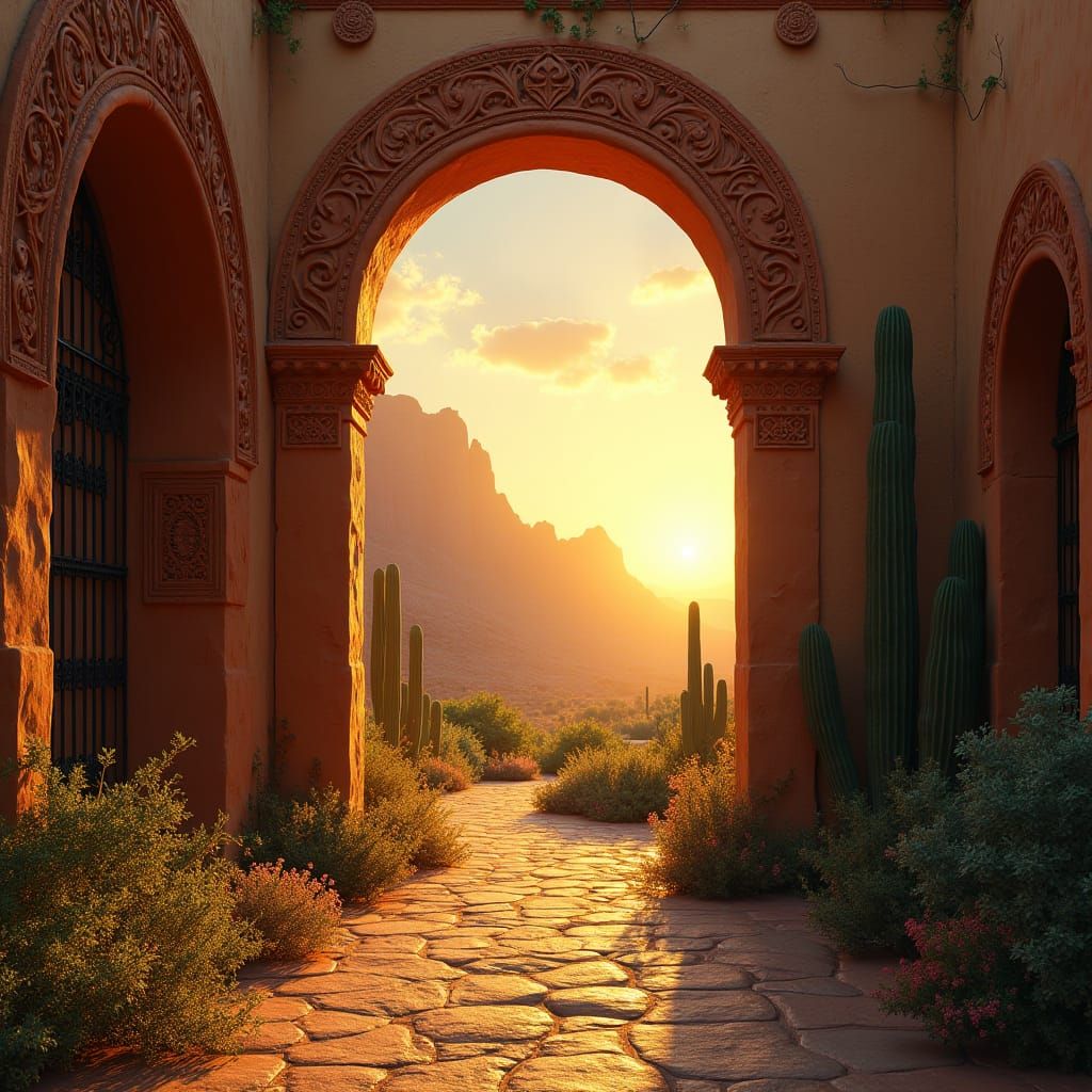 Mystical Spanish Mission at Sunset in Rembrandt Style