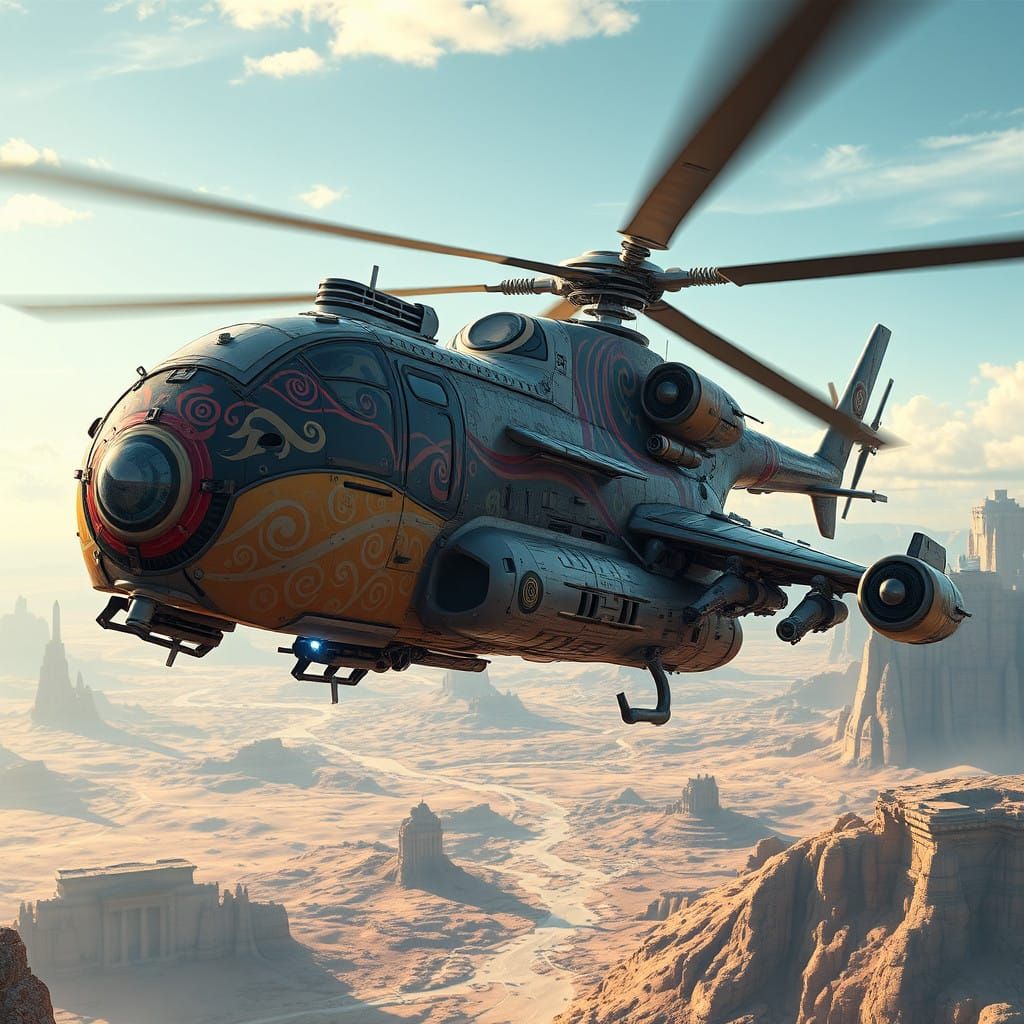 Futuristic Military Helicopter in Hyper-Detailed Fantasy Lan...
