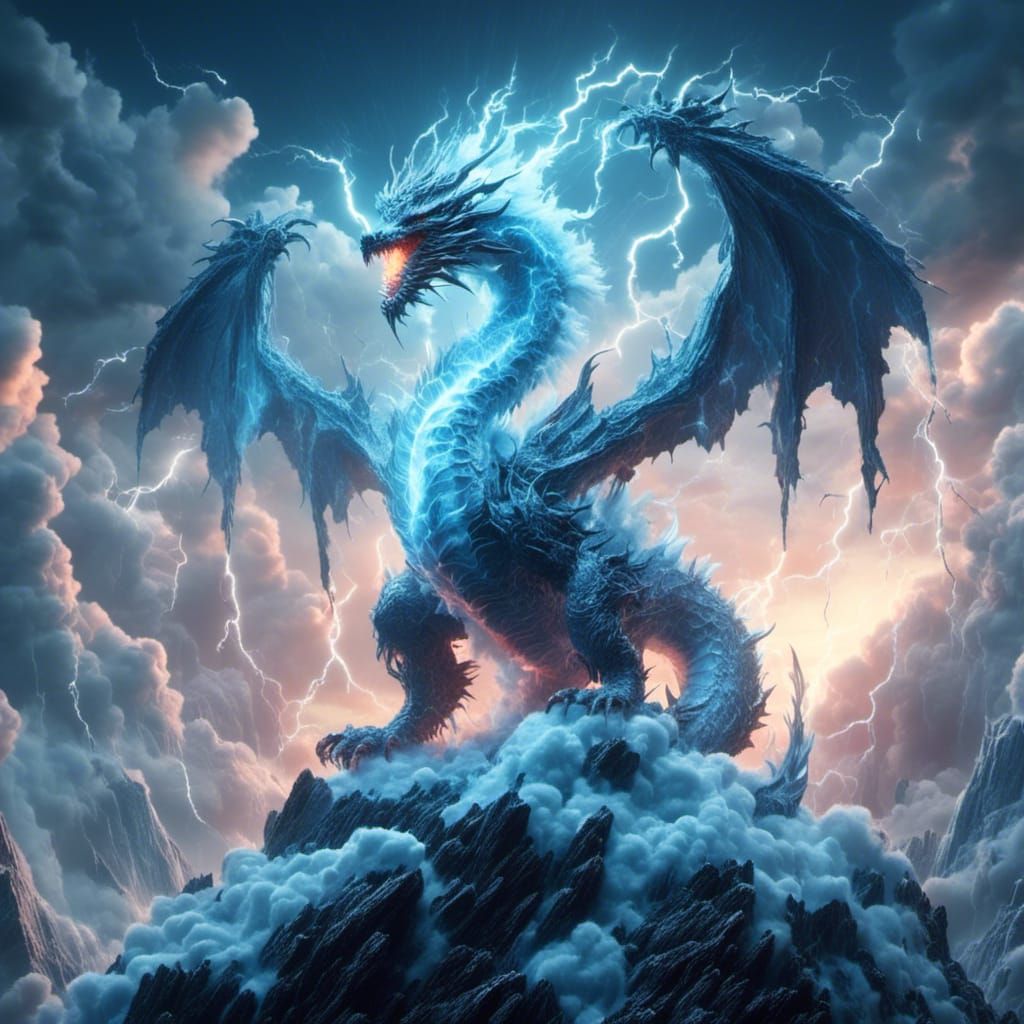 Mythical Ice Dragon God Rising in a Thunderstorm