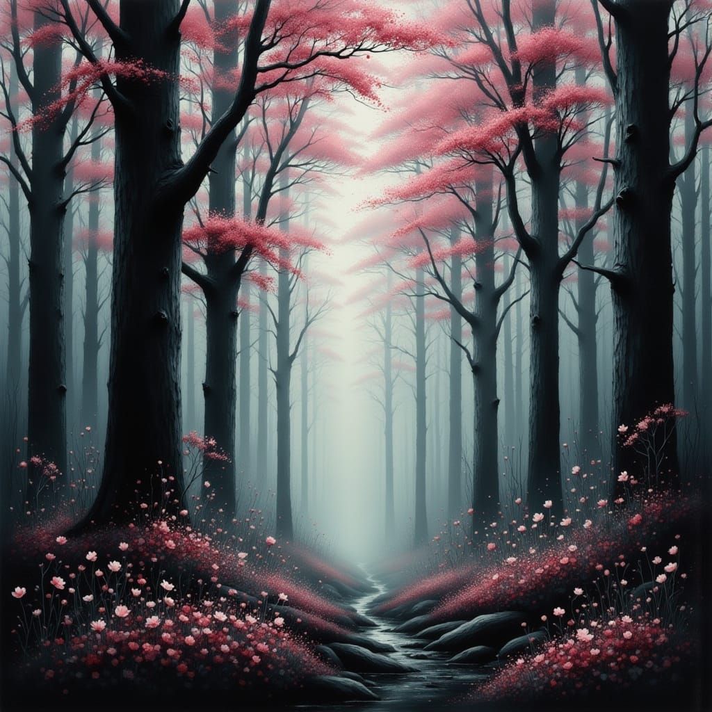 Mysterious Dark Forest in Vibrant Spring Bloom