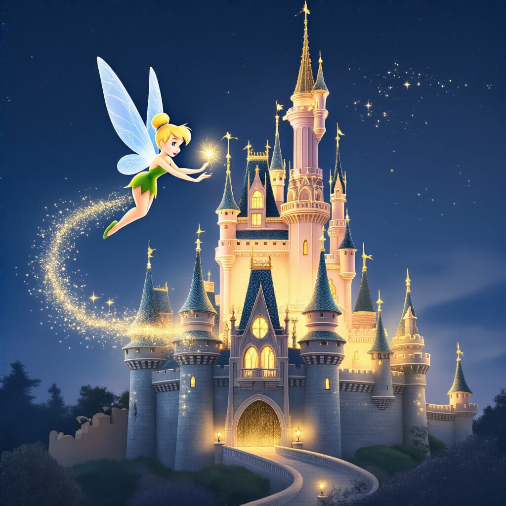 Tinker Bell Flies Over Magical Castle with Pixie Dust