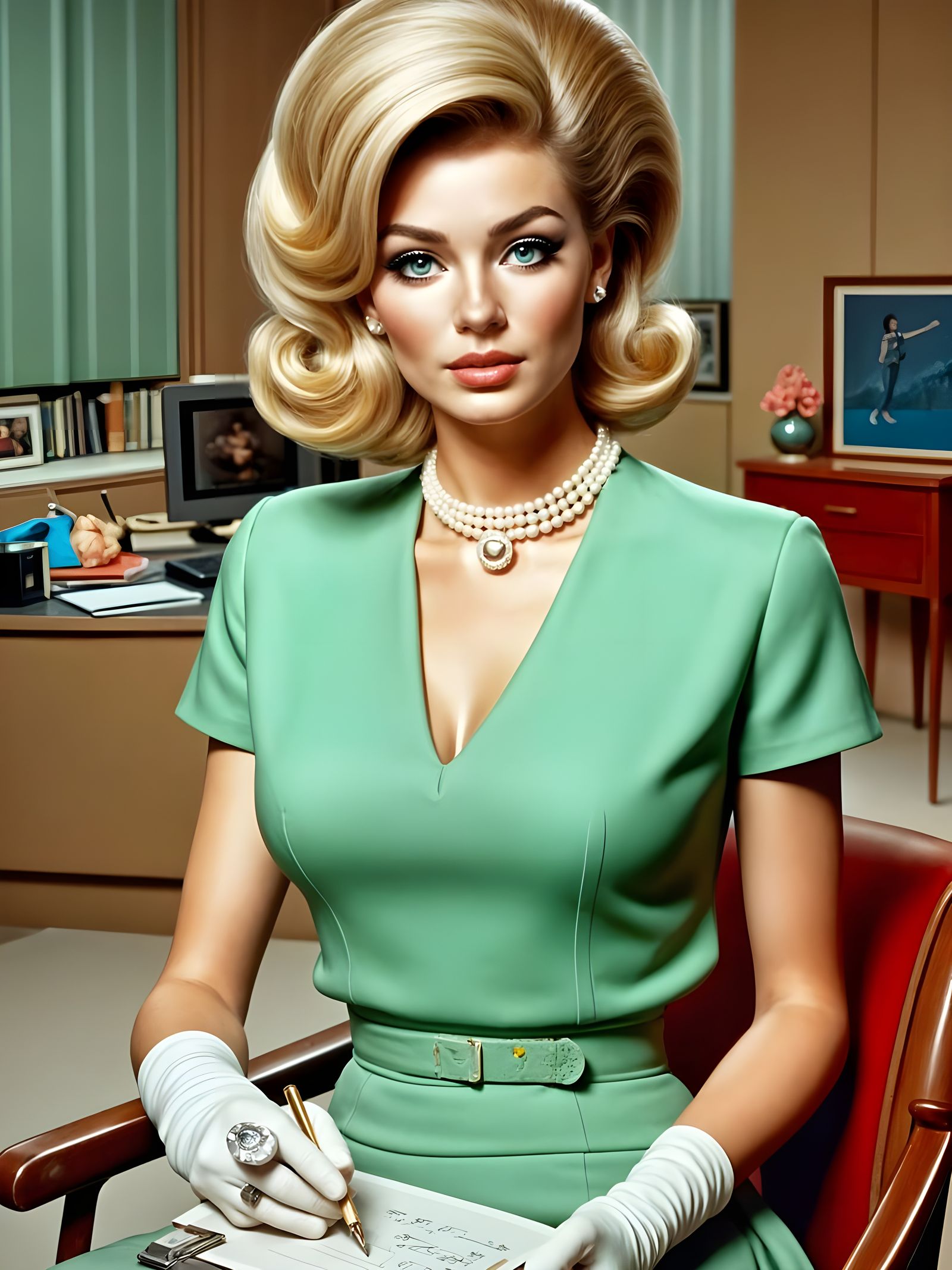 Vintage Office Secretary in Mint Green Outfit, 1960s