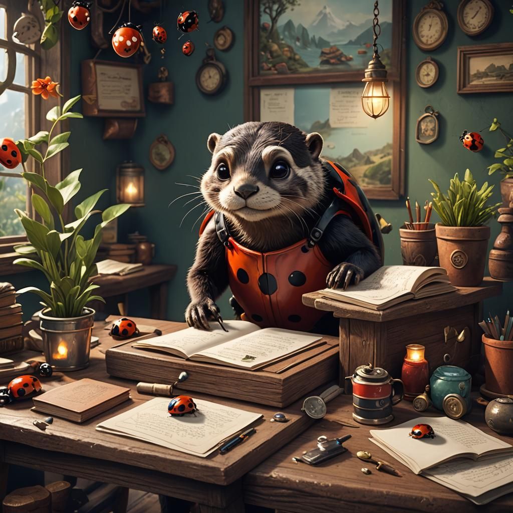 Otter Writing Stories in Hygge Home, Detailed Matte Painting