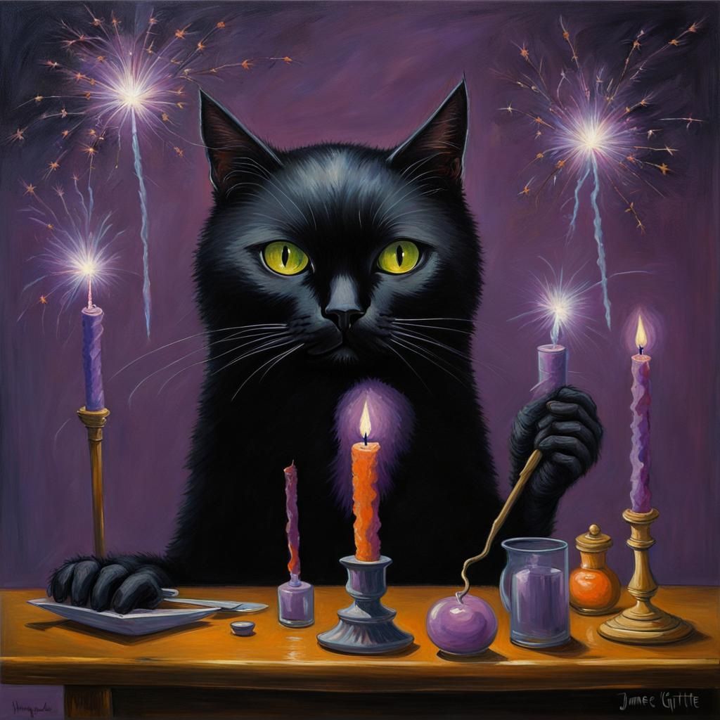 Surreal Black Cat with Candle, Magritte Style Painting
