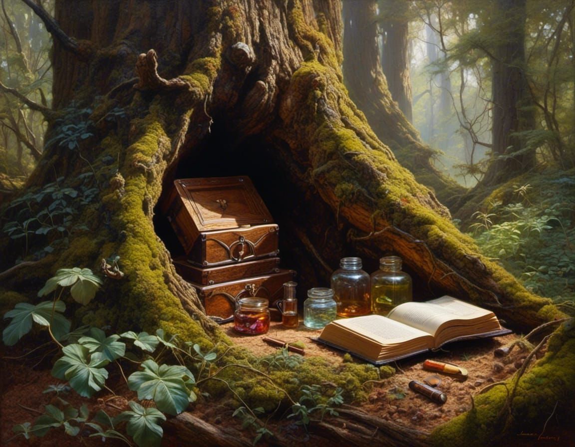 Mystical Potion Scrolls Hidden in a Hollow Tree