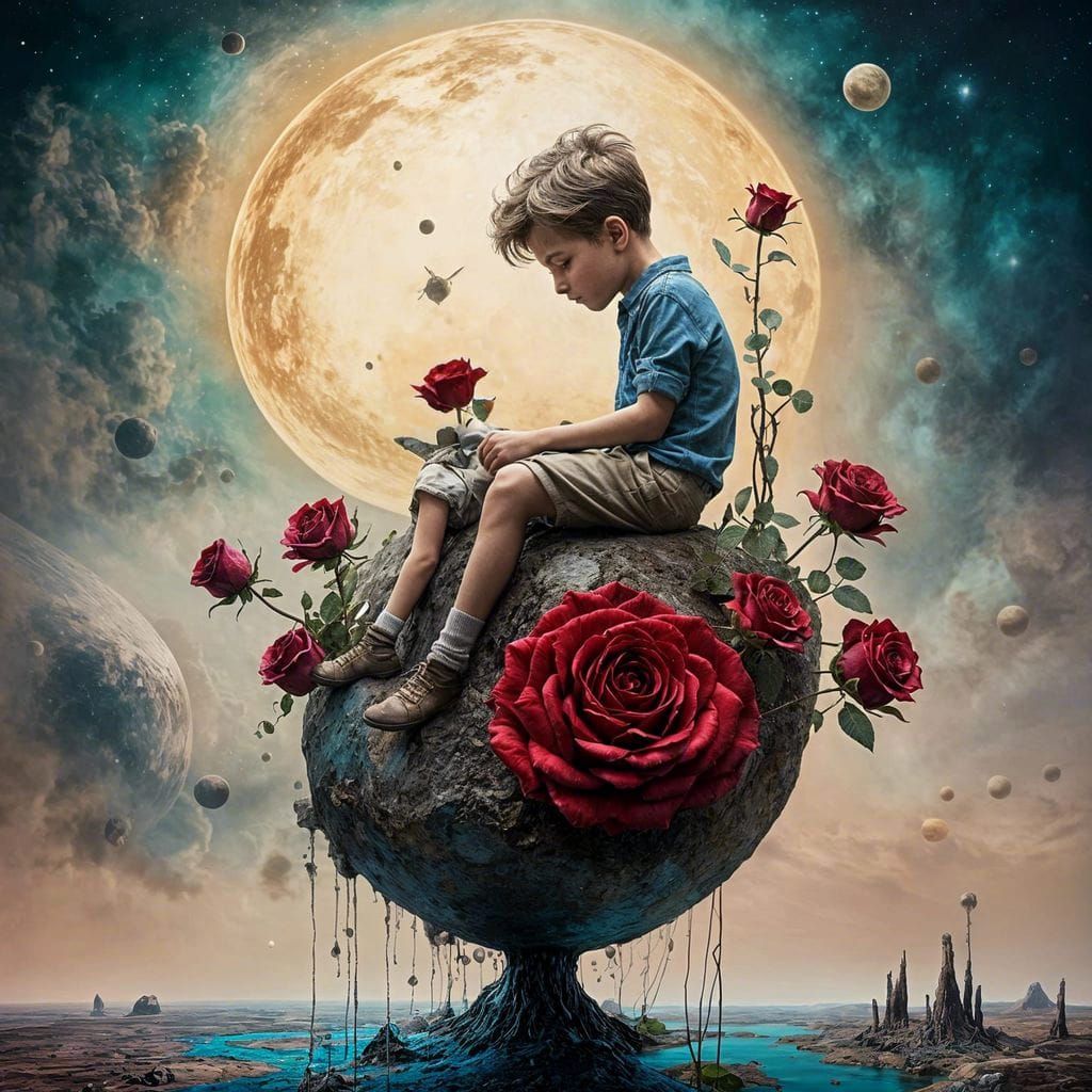 Boy on Rose Planet in Surrealist Style