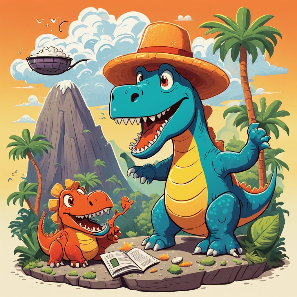 Cartoon Dinosaurs Living Everyday Life in Jurassic Jungle