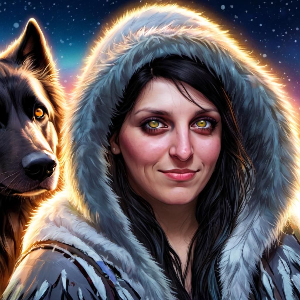 Cherokee Priestess in Frozen Field Under Aurora