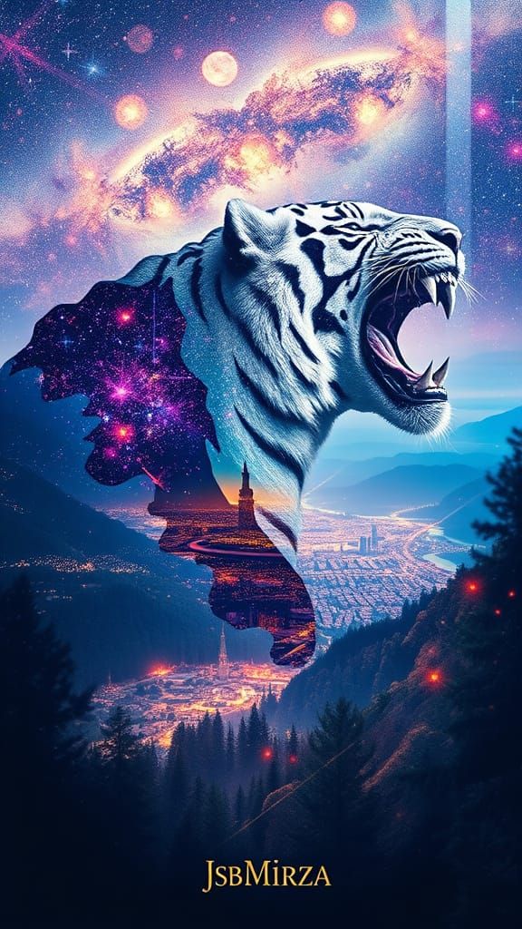 Dreamlike Galactic Landscape with a Tiger Silhouette