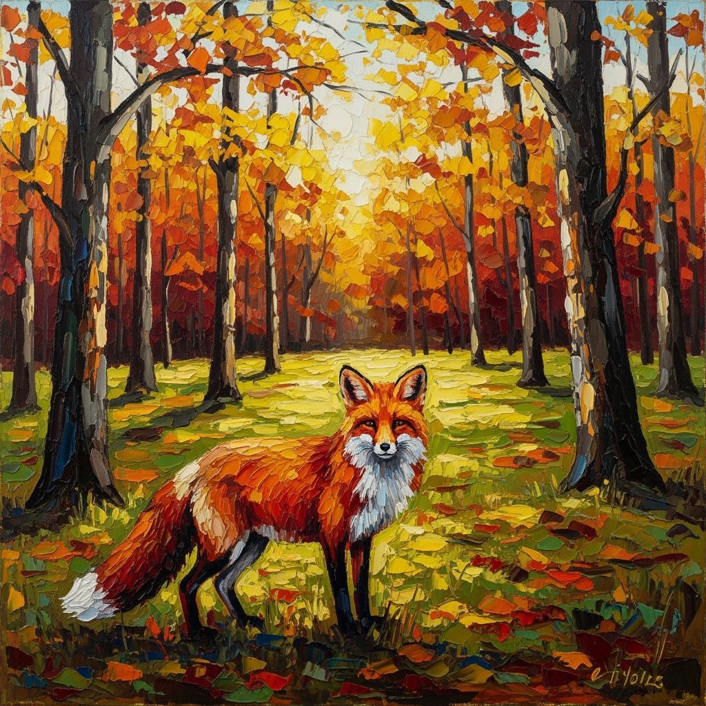 An oil on canvas painting of a fox in a woodland clearing in...