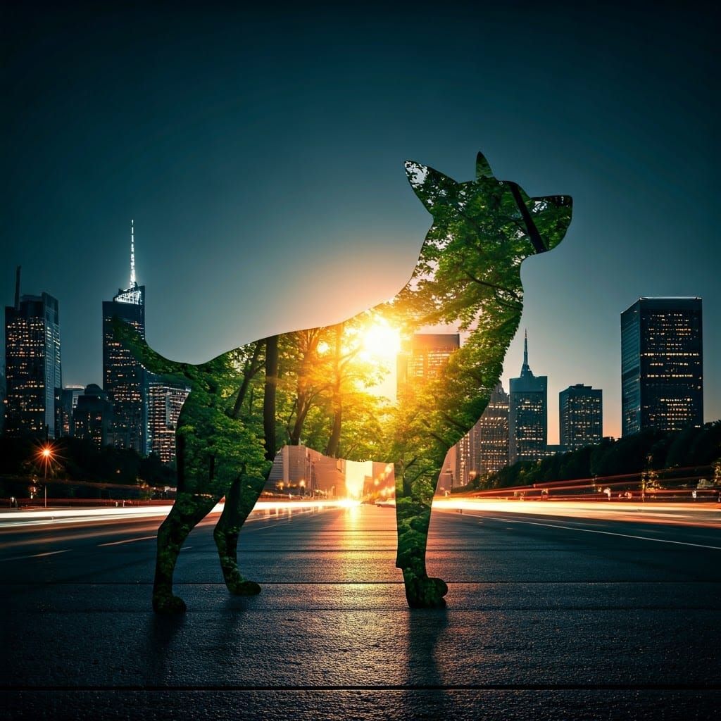 Vibrant City Skyline Unfolds Inside a Dog's Silhouette