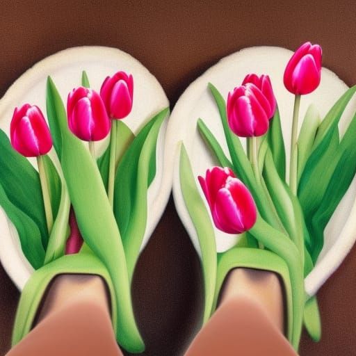 Hyperrealistic Tulips Displayed Inside Wooden Clogs