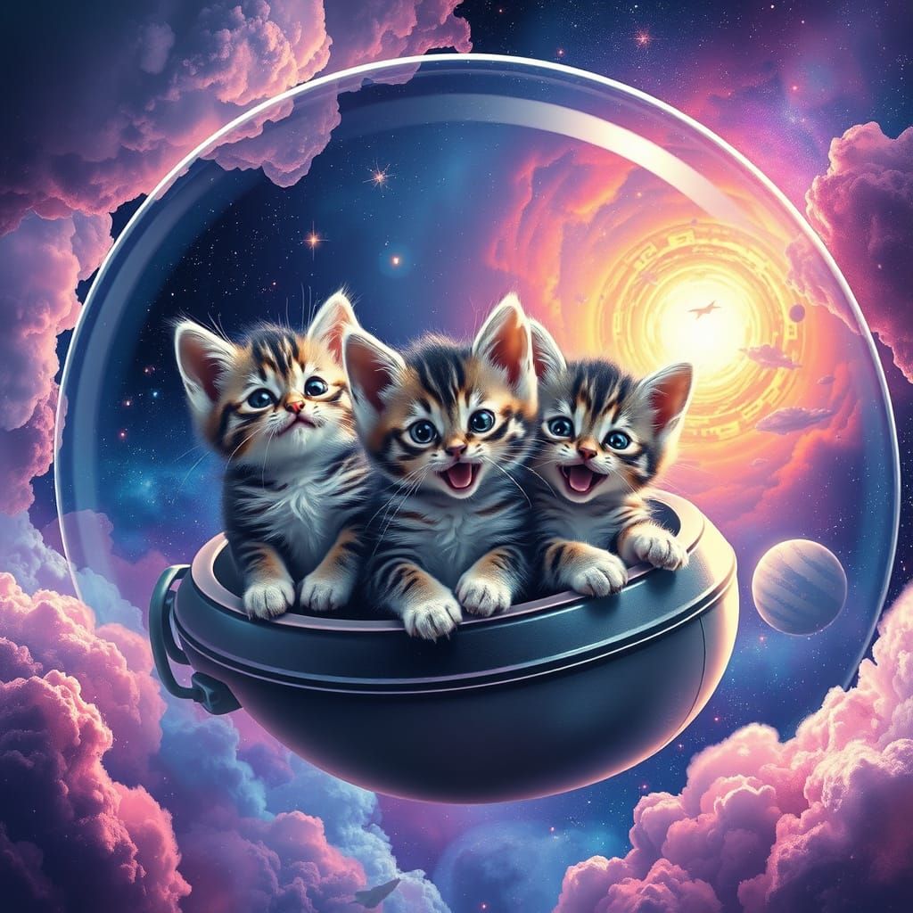 Kittens in Cosmic Wonder, in Cinematic Digital Art